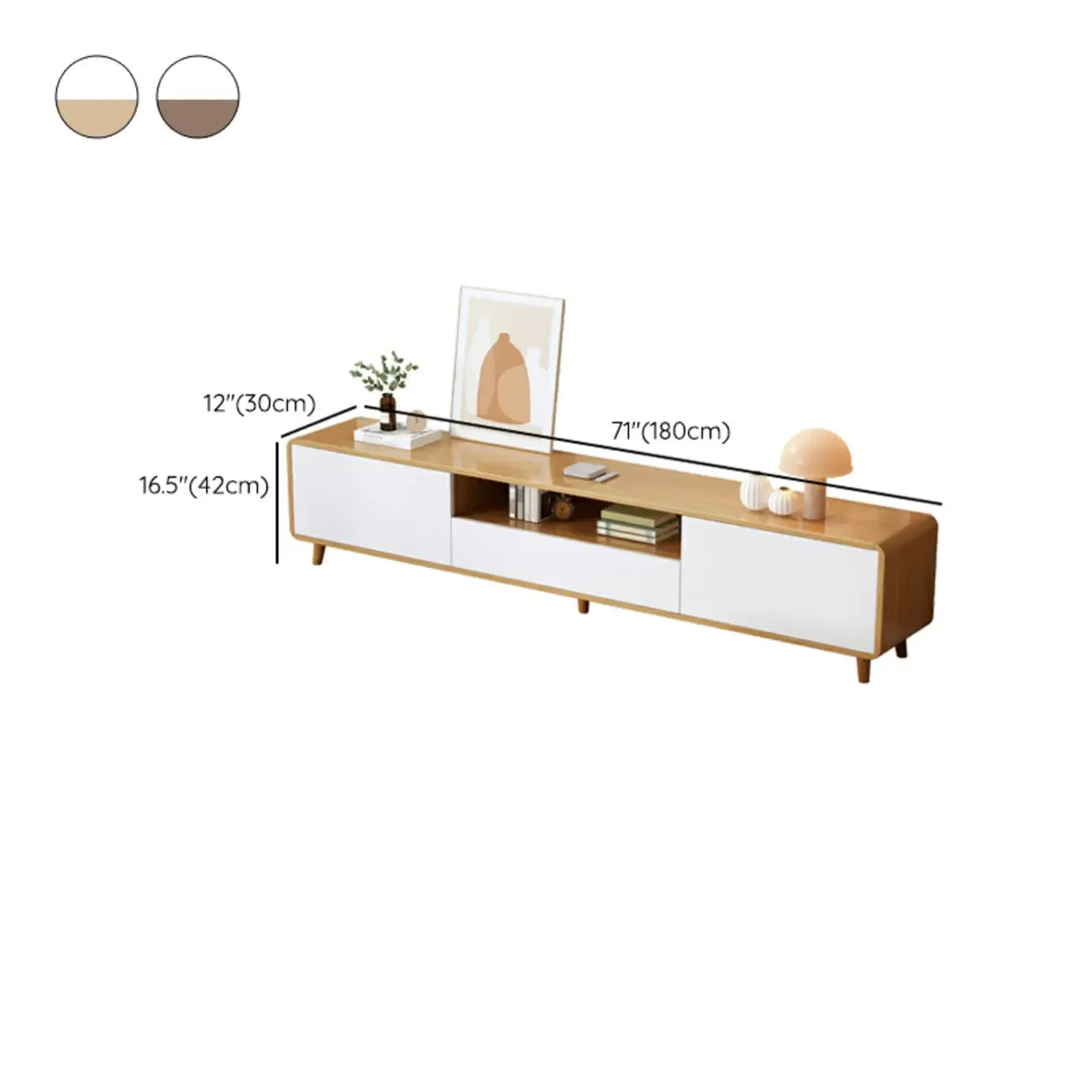 87 Natural White Wood Open Storage TV Stand with Drawers