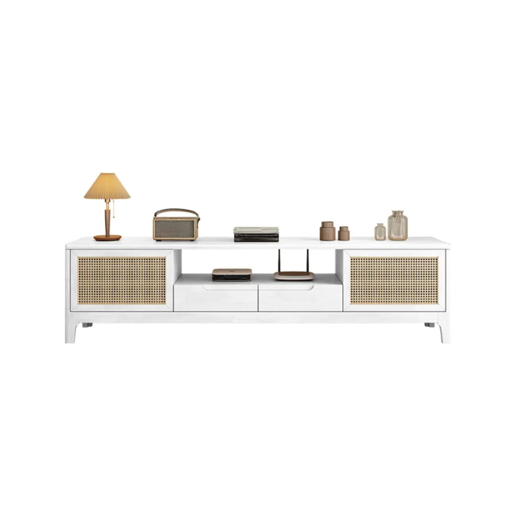 Bohemian White Wood Rattan Mesh TV Stand with Storage