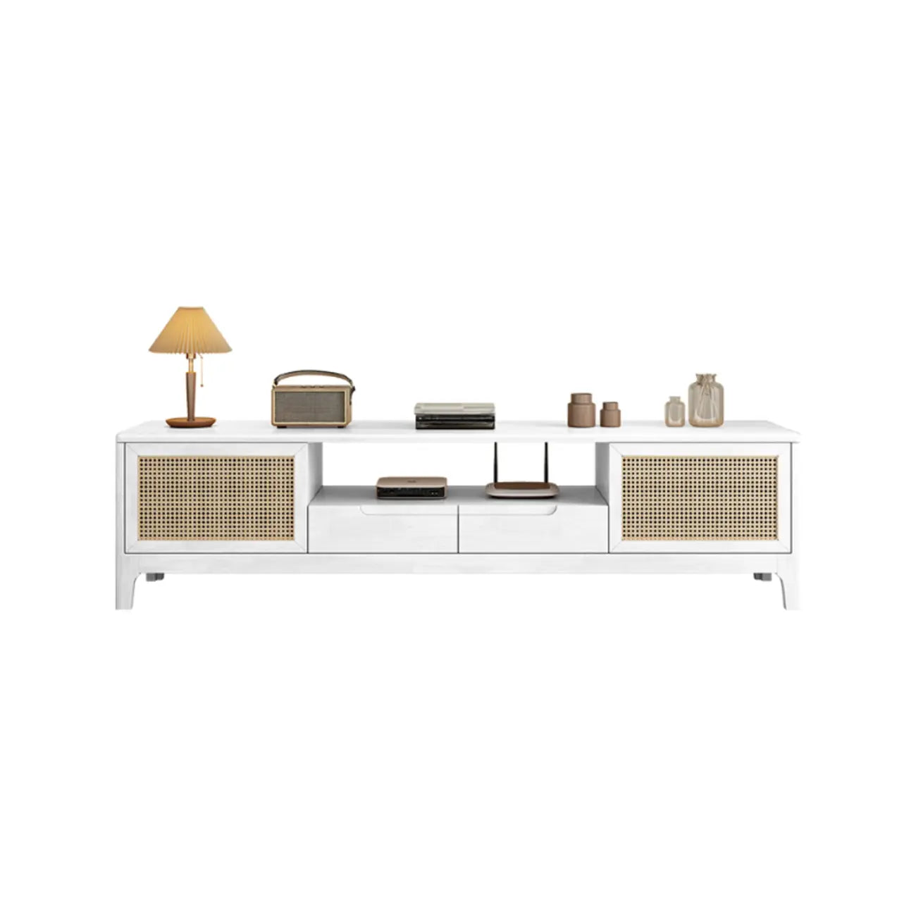 Bohemian White Wood Rattan Mesh TV Stand with Storage