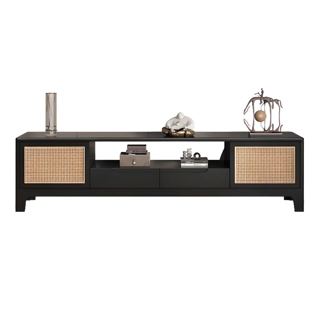 Bohemian White Wood Rattan Mesh TV Stand with Storage