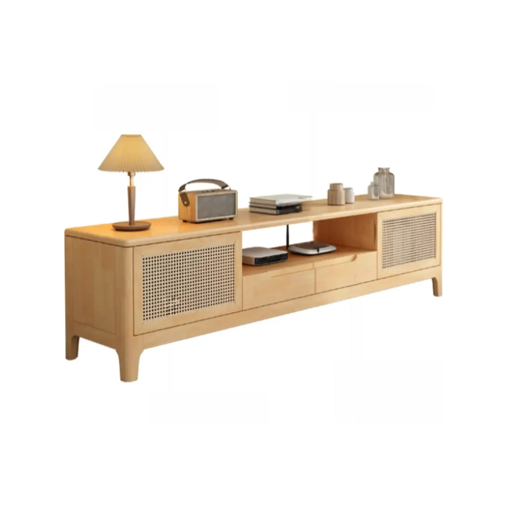 Bohemian White Wood Rattan Mesh TV Stand with Storage