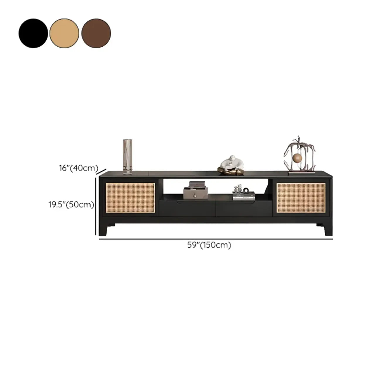 Bohemian White Wood Rattan Mesh TV Stand with Storage