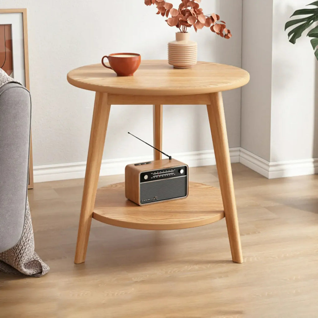 2-Tier Round Wood End Table for Living Room with Storage