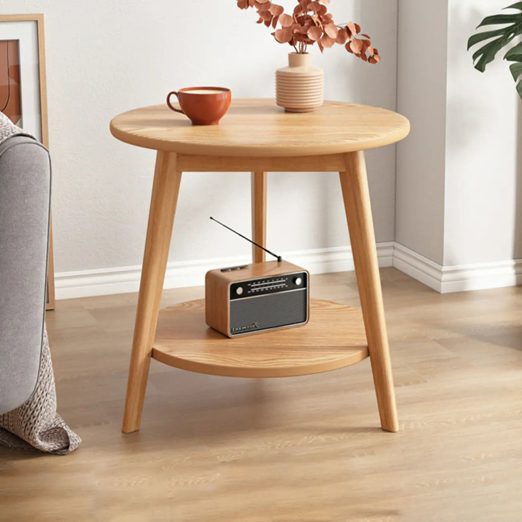 2-Tier Round Wood End Table for Living Room with Storage