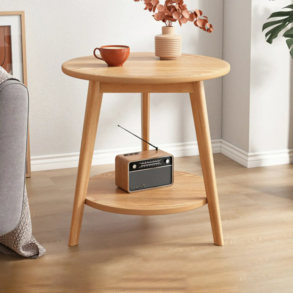 2-Tier Round Wood End Table for Living Room with Storage