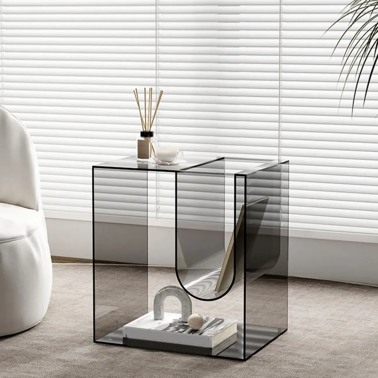 Stylish Gray Acrylic Side Table with Magazine Rack