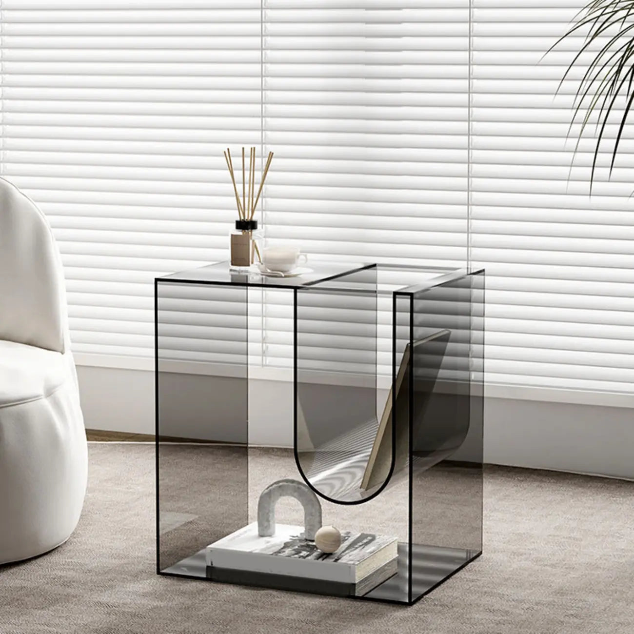 Stylish Gray Acrylic Side Table with Magazine Rack