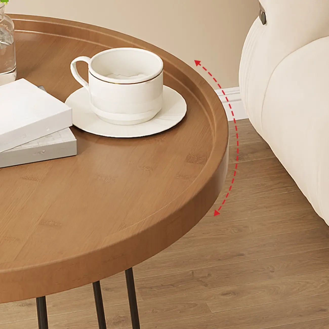 Round Natural Wood Tray Top End Table for Living Room