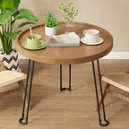 Round Natural Wood Tray Top End Table for Living Room