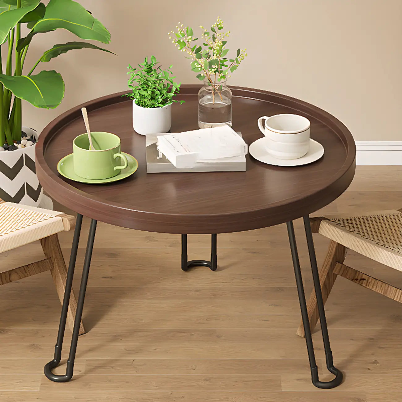 Round Natural Wood Tray Top End Table for Living Room