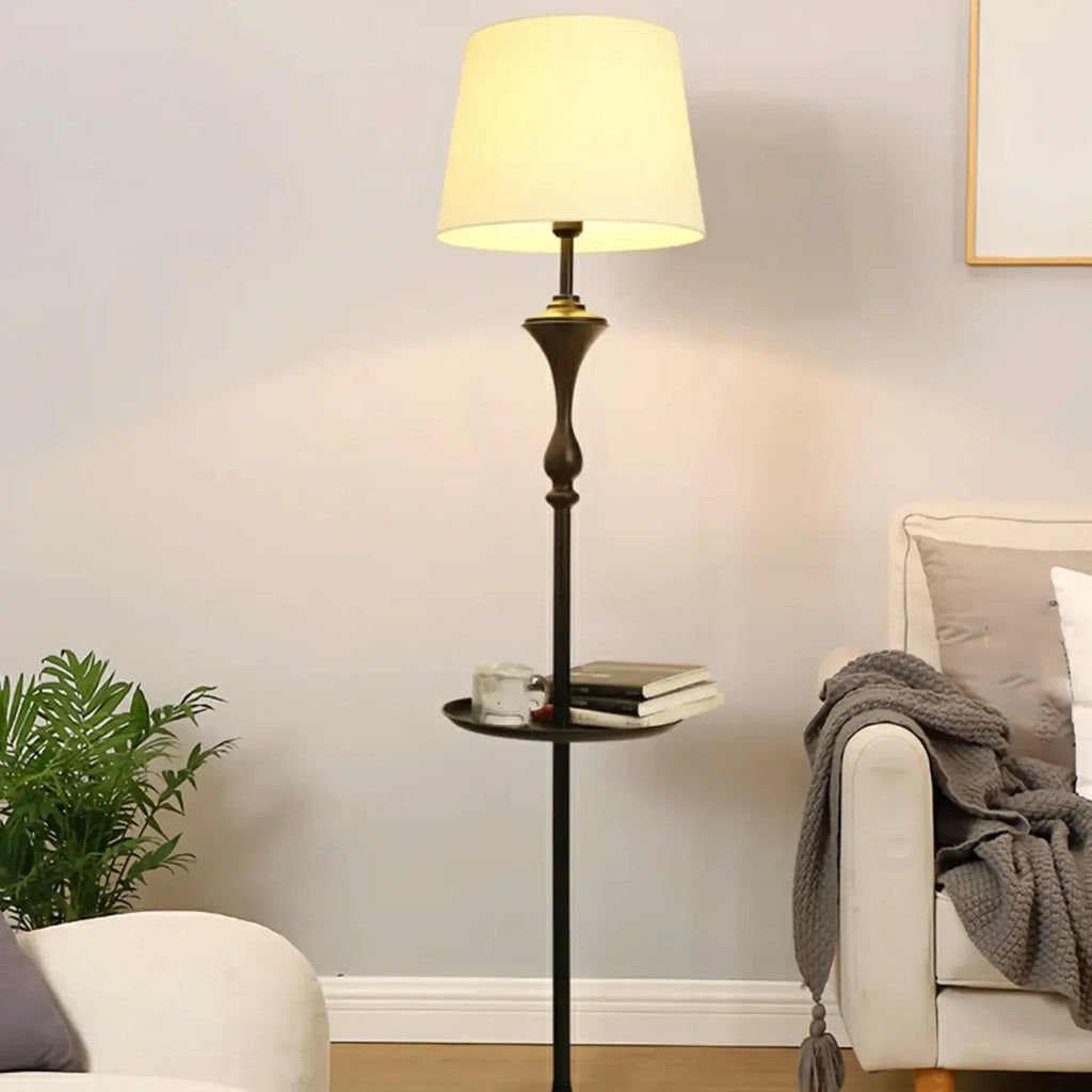 Modern Black Metal Table Floor Lamp with Beige Fabric Shade