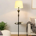 Modern Black Metal Table Floor Lamp with Beige Fabric Shade