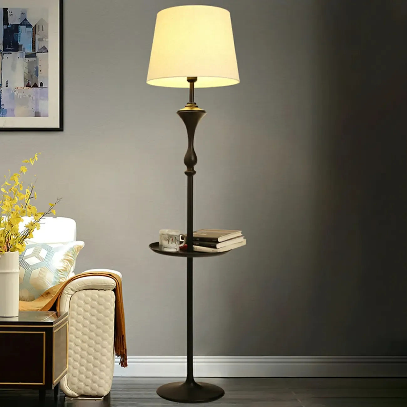 Modern Black Metal Table Floor Lamp with Beige Fabric Shade