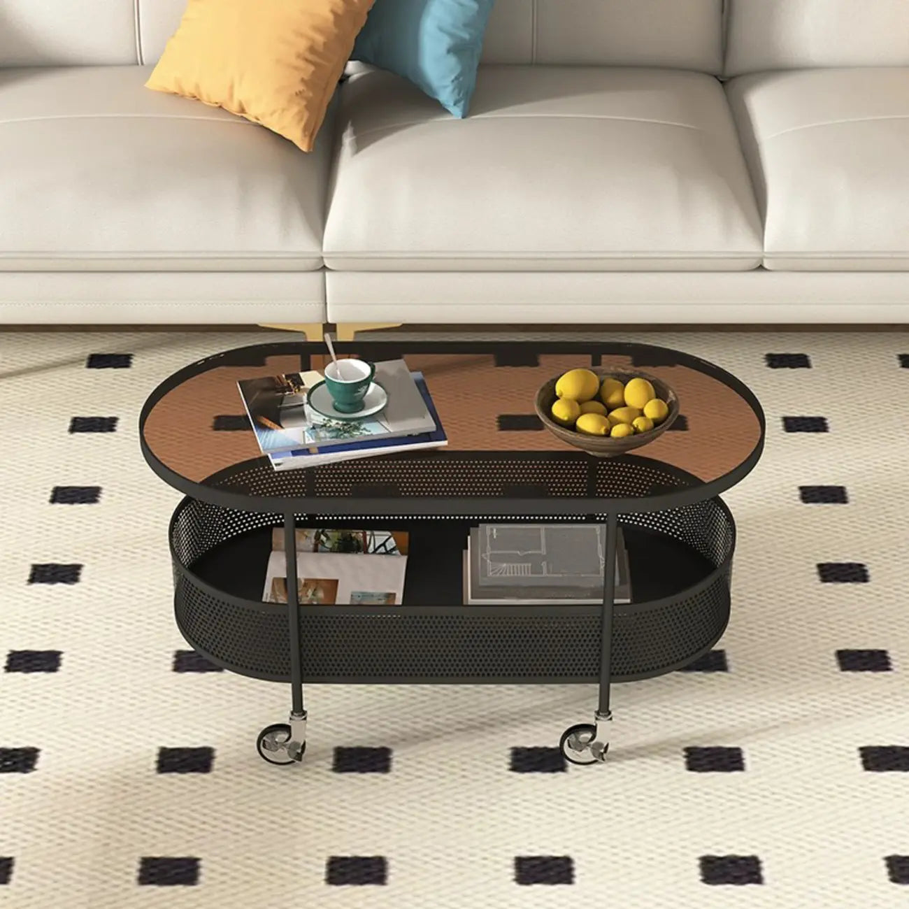 Modern Metal Oval Coffee Table with Storage & Wheels
