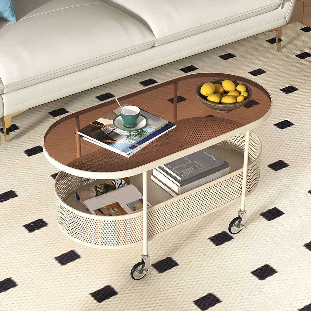 Modern Metal Oval Coffee Table with Storage & Wheels