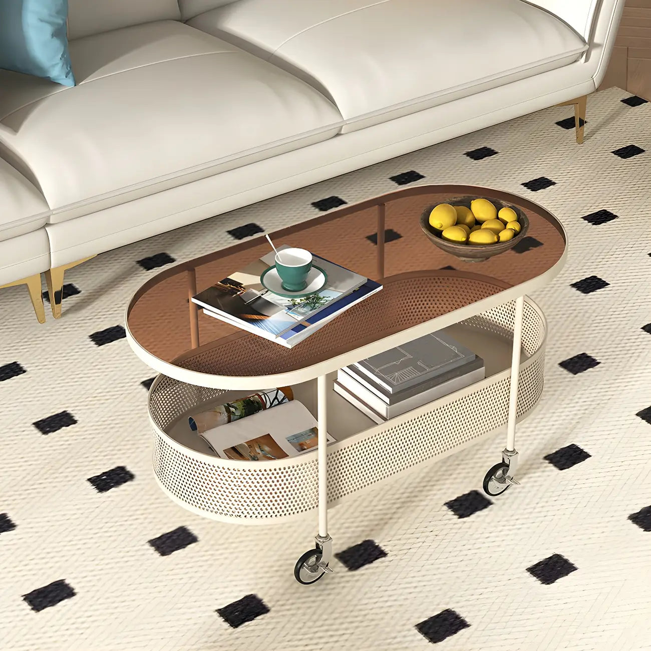 Modern Metal Oval Coffee Table with Storage & Wheels