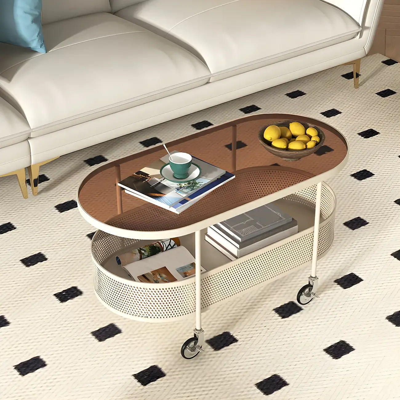 Modern Metal Oval Coffee Table with Storage & Wheels