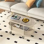 Modern Metal Oval Coffee Table with Storage & Wheels