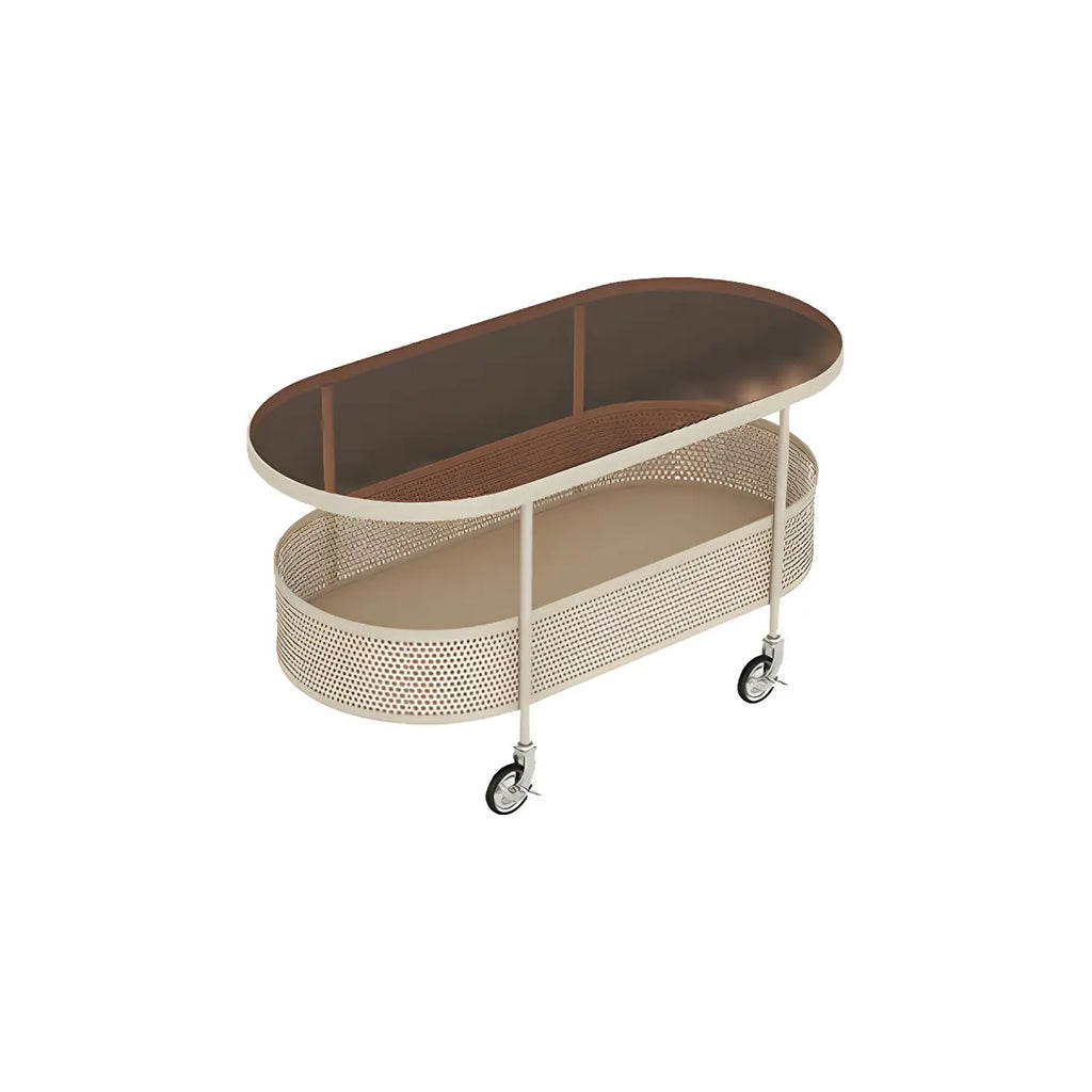 Modern Metal Oval Coffee Table with Storage & Wheels