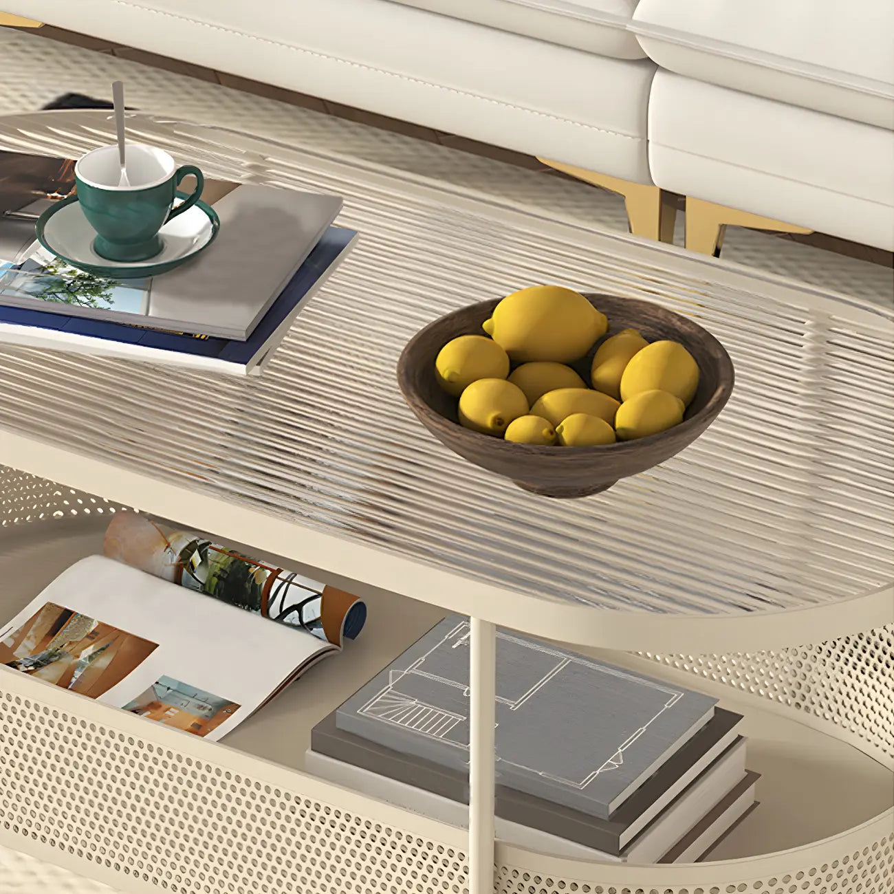 Modern Metal Oval Coffee Table with Storage & Wheels