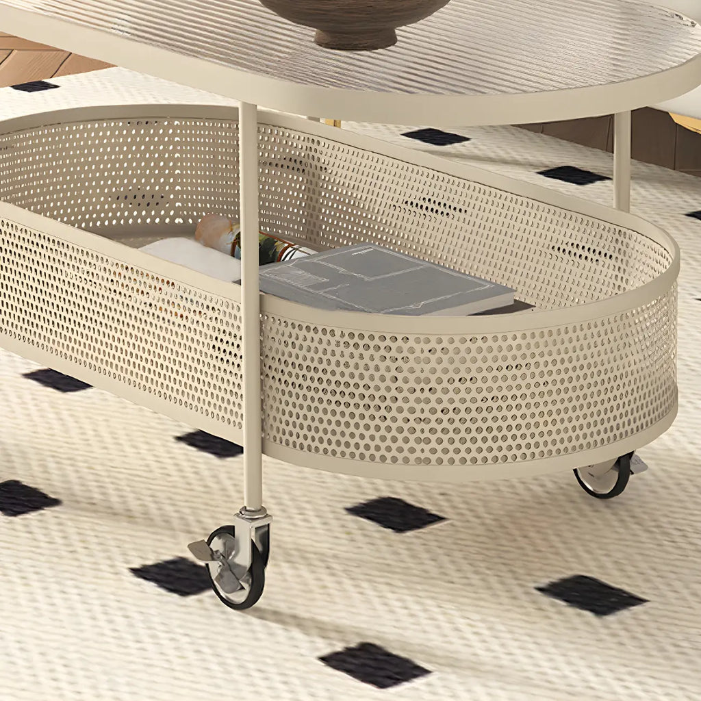 Modern Metal Oval Coffee Table with Storage & Wheels