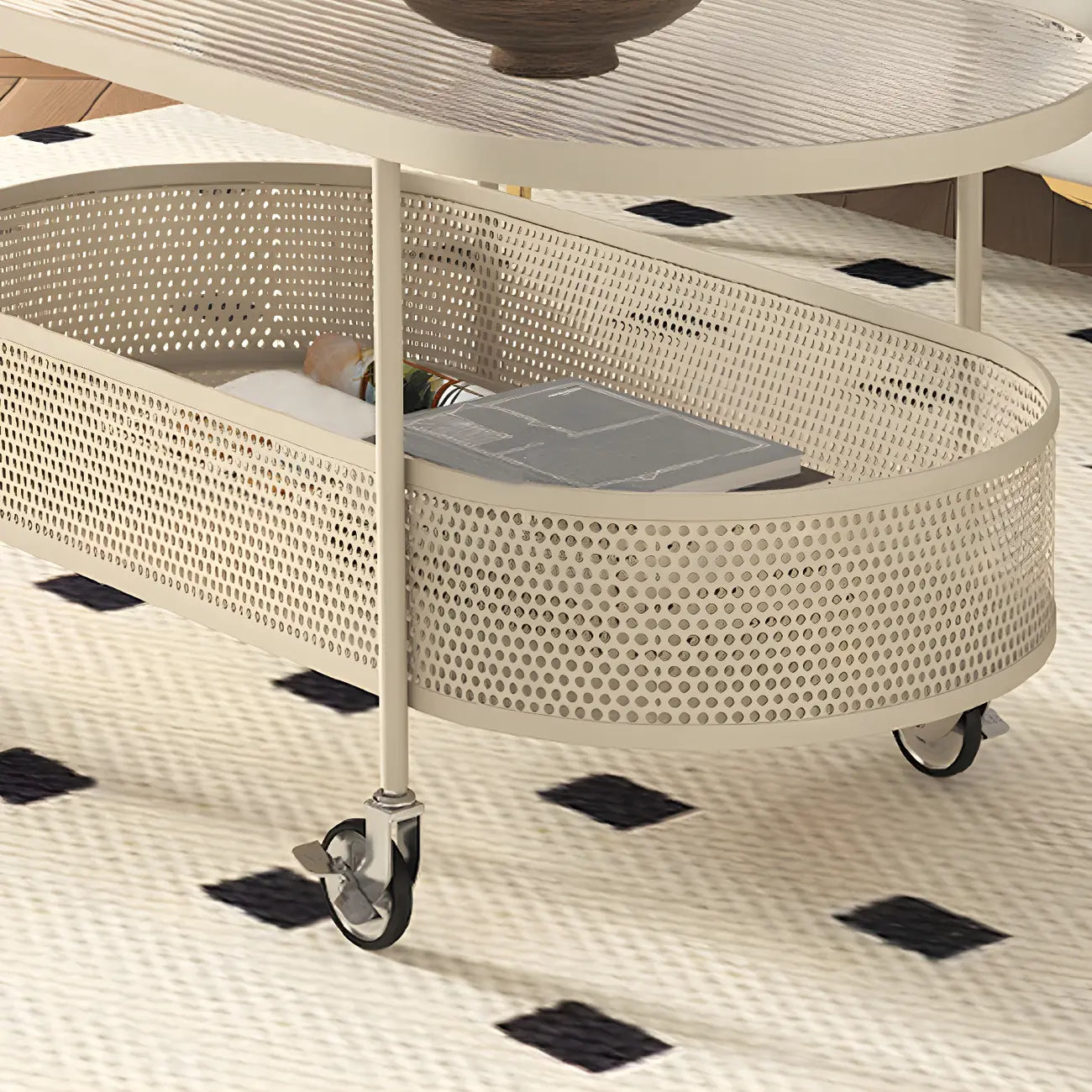 Modern Metal Oval Coffee Table with Storage & Wheels