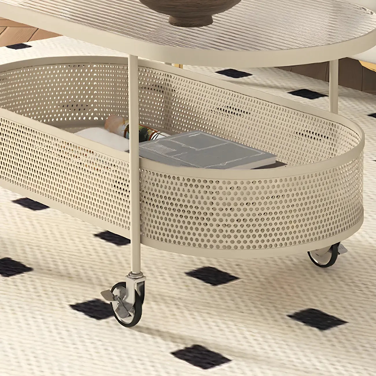 Modern Metal Oval Coffee Table with Storage & Wheels