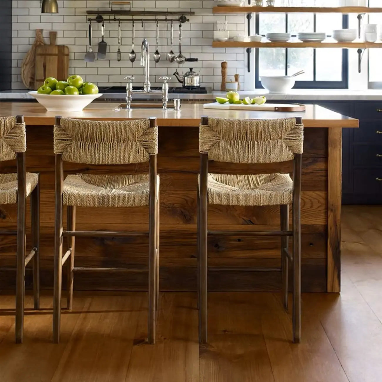 Rustic Wooden Bar Stools with Woven Seat for Kitchen