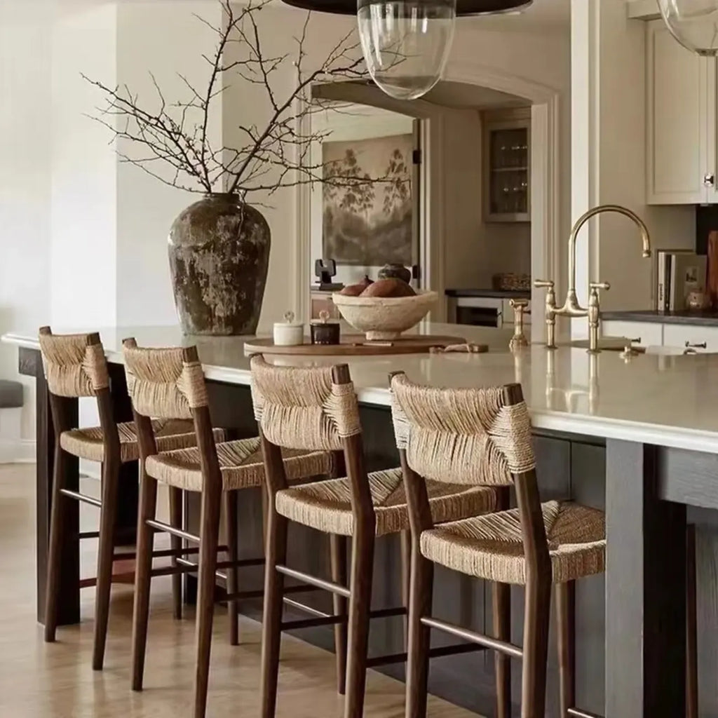 Rustic Wooden Bar Stools with Woven Seat for Kitchen