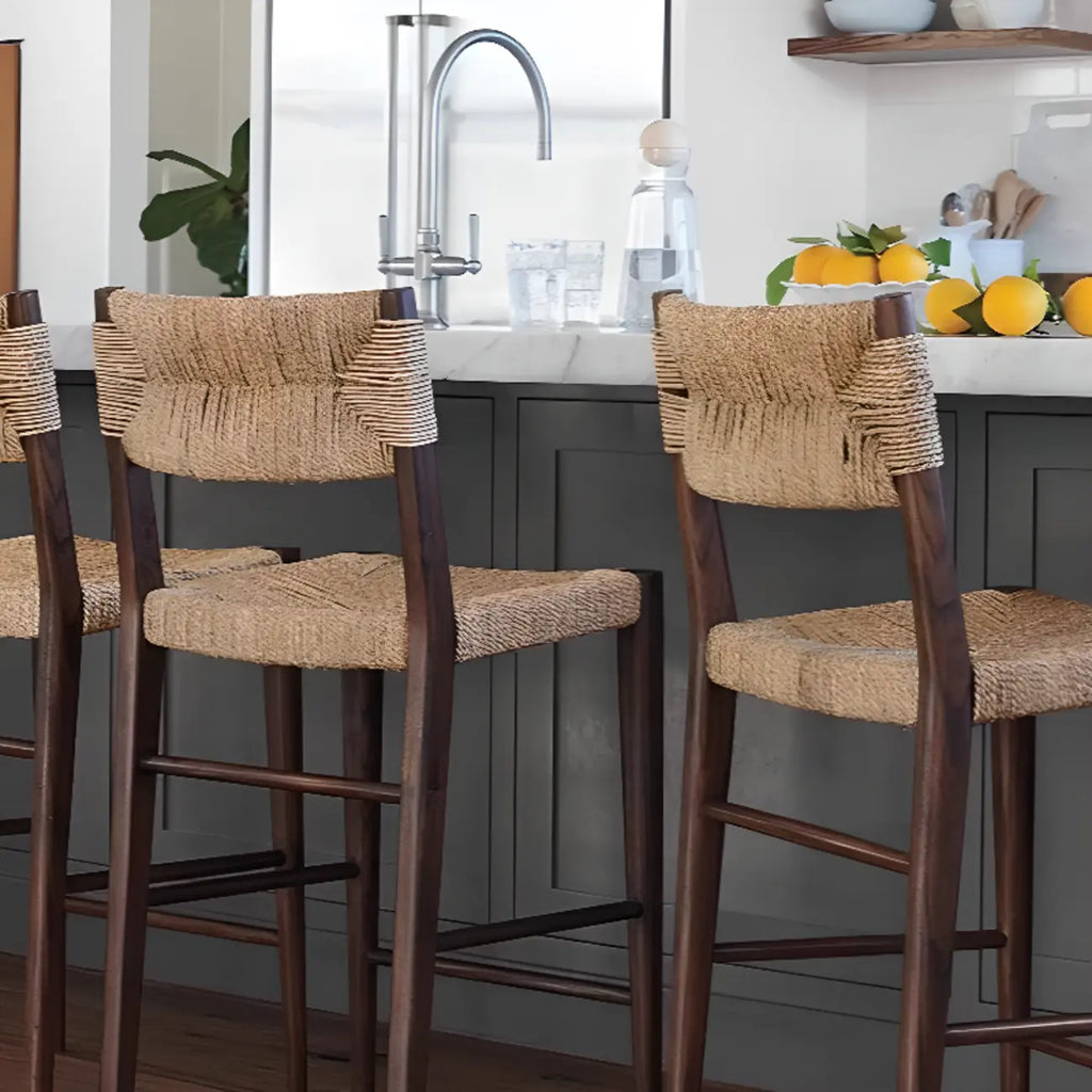 Rustic Wooden Bar Stools with Woven Seat for Kitchen