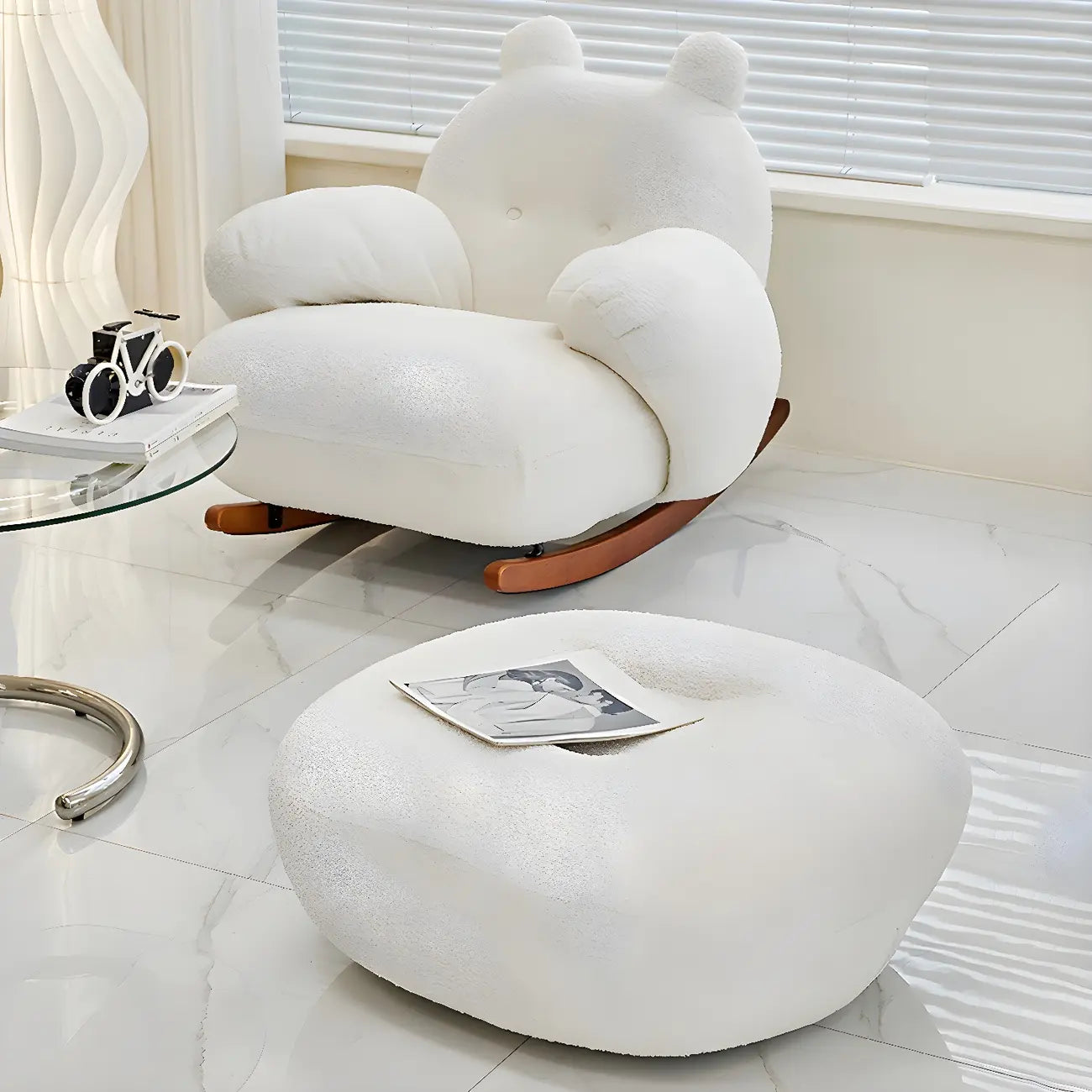 Cute Upholstered White Rocking Chair with Ottoman for Indoor