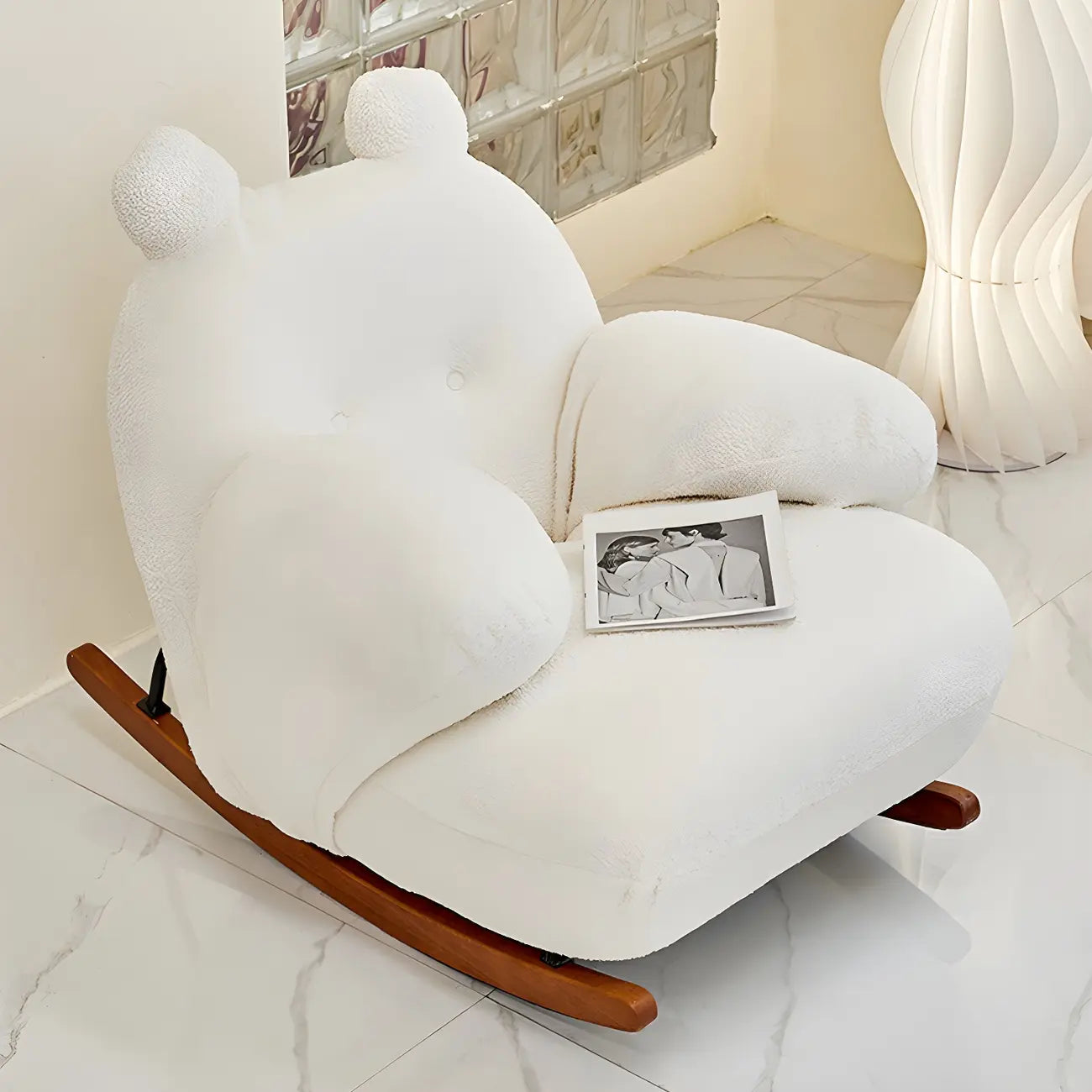 Cute Upholstered White Rocking Chair with Ottoman for Indoor
