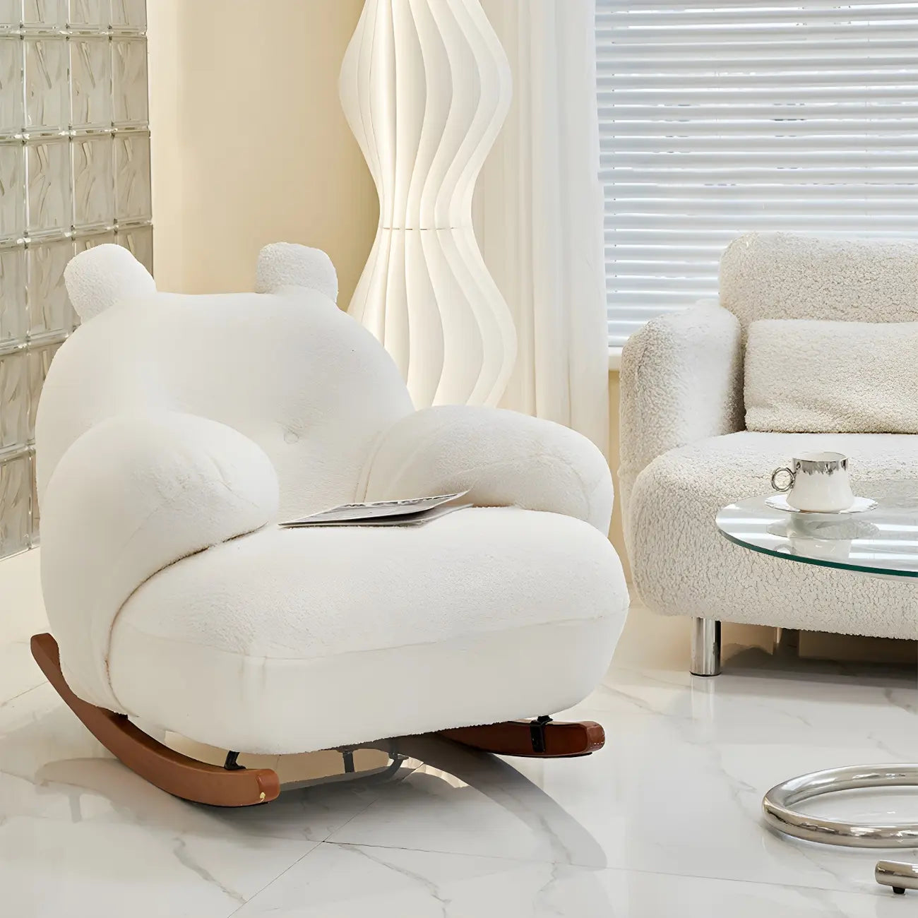 Cute Upholstered White Rocking Chair with Ottoman for Indoor
