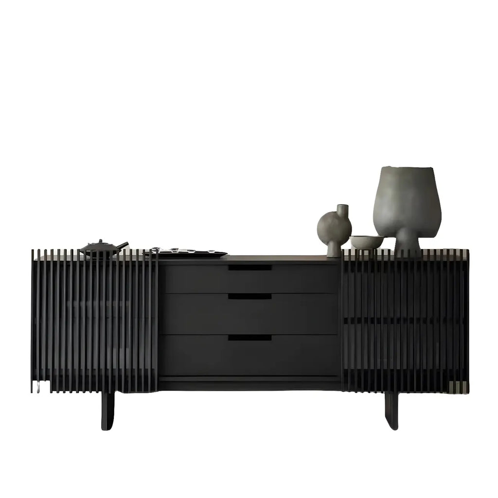 Black Wooden Buffet Table with Sliding Doors and Drawers