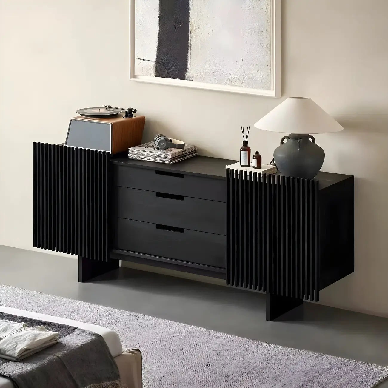 Black Wooden Buffet Table with Sliding Doors and Drawers