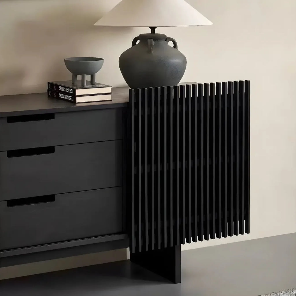 Black Wooden Buffet Table with Sliding Doors and Drawers
