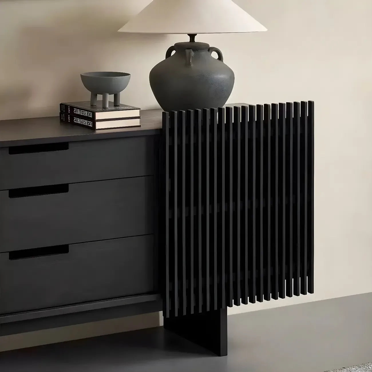 Black Wooden Buffet Table with Sliding Doors and Drawers