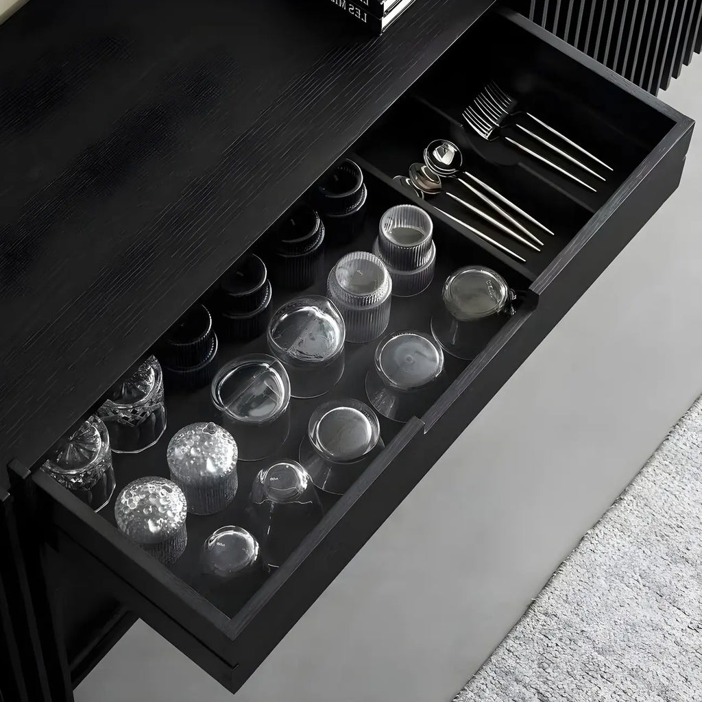 Black Wooden Buffet Table with Sliding Doors and Drawers