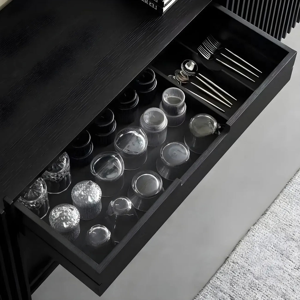 Black Wooden Buffet Table with Sliding Doors and Drawers