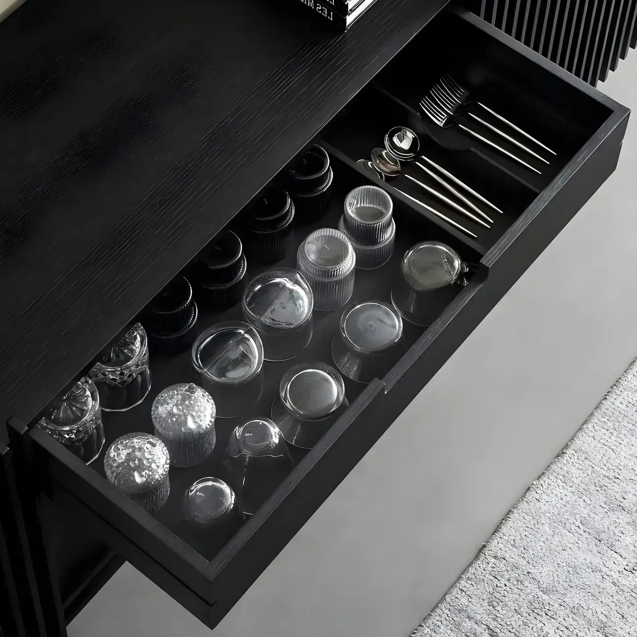 Black Wooden Buffet Table with Sliding Doors and Drawers