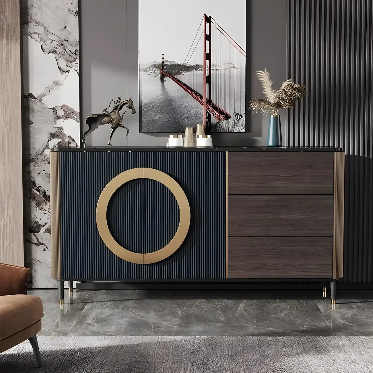 Glam Espresso Wood Buffet Table with Drawers & Cabinets