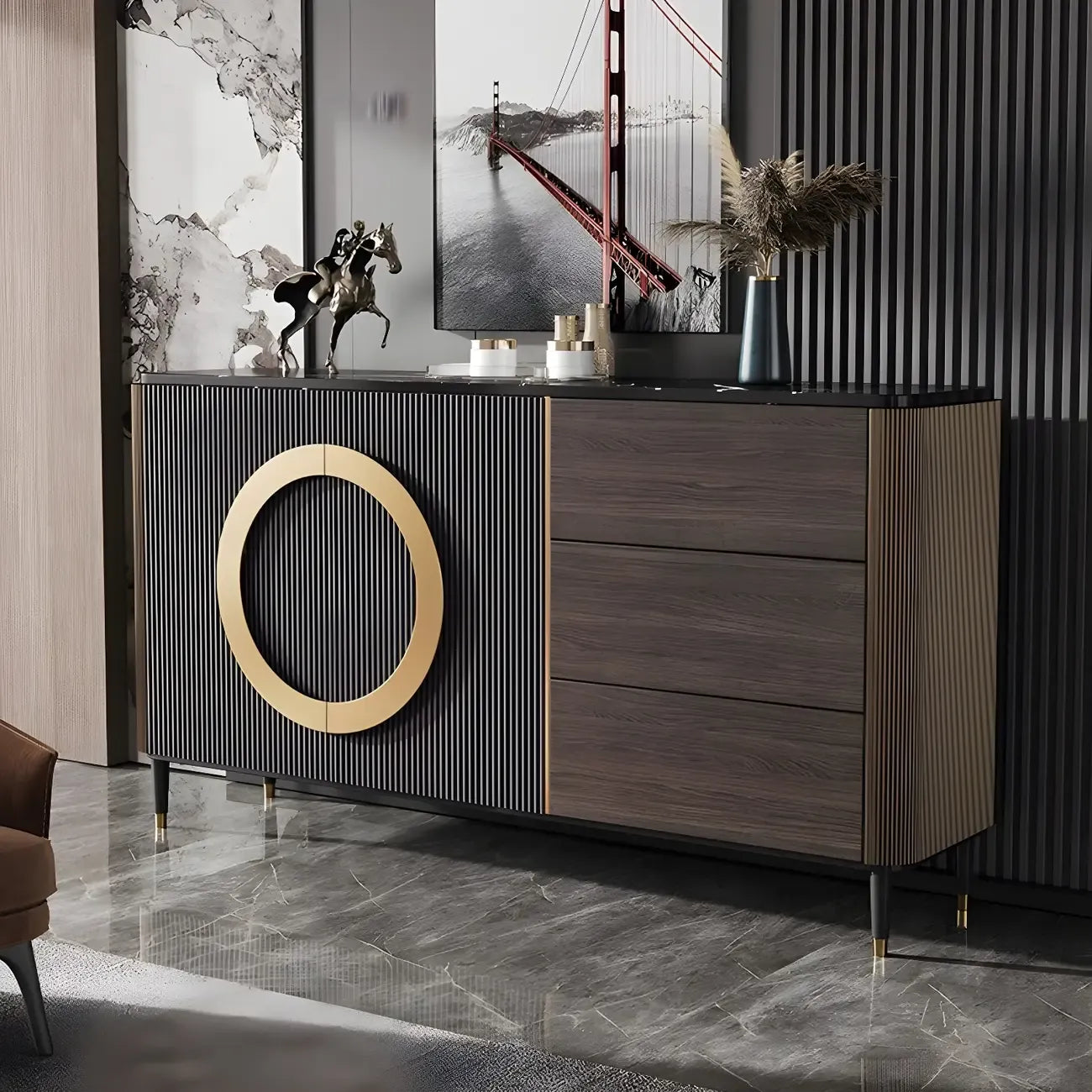 Glam Espresso Wood Buffet Table with Drawers & Cabinets