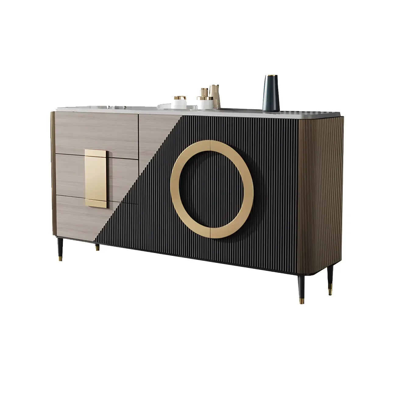 Glam Espresso Wood Buffet Table with Drawers & Cabinets