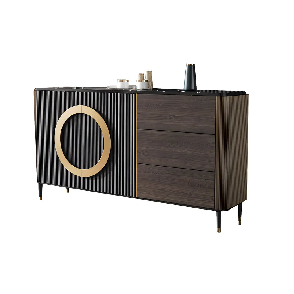 Glam Espresso Wood Buffet Table with Drawers & Cabinets