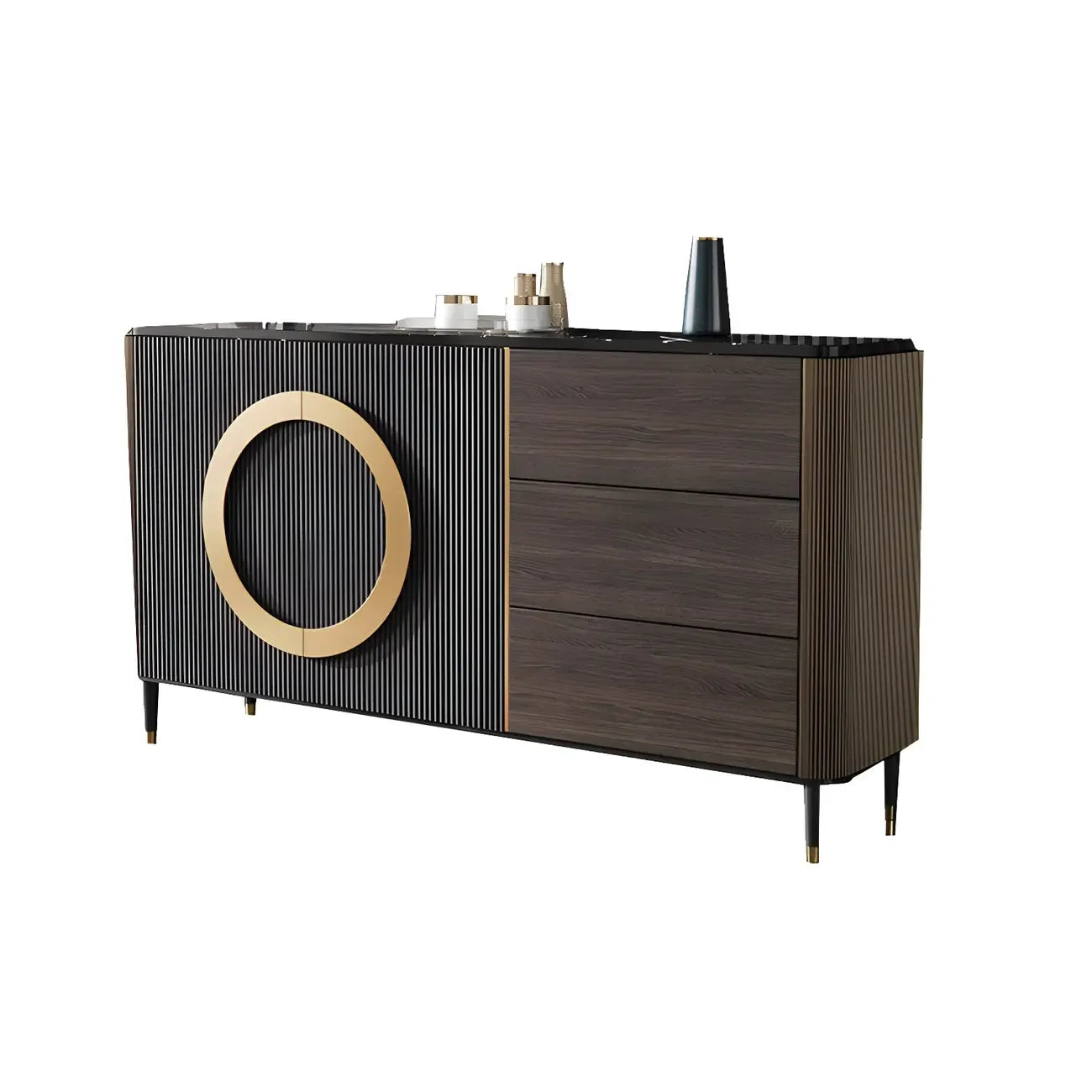Glam Espresso Wood Buffet Table with Drawers & Cabinets