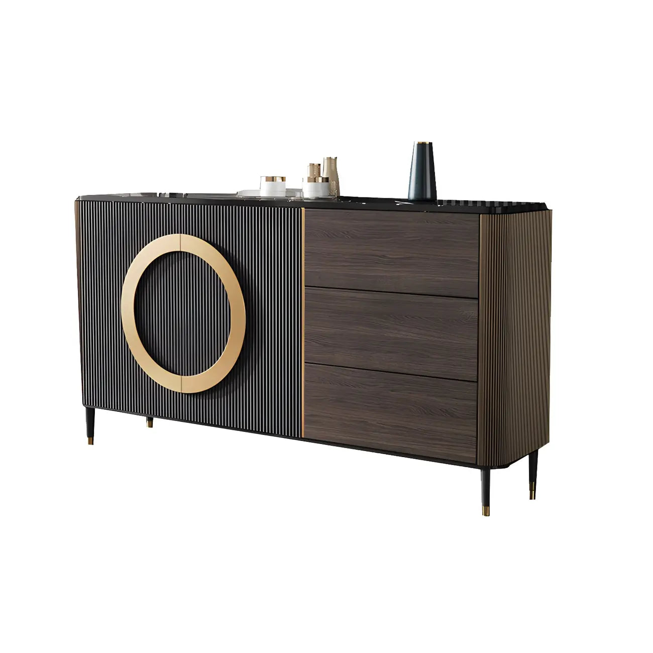 Glam Espresso Wood Buffet Table with Drawers & Cabinets