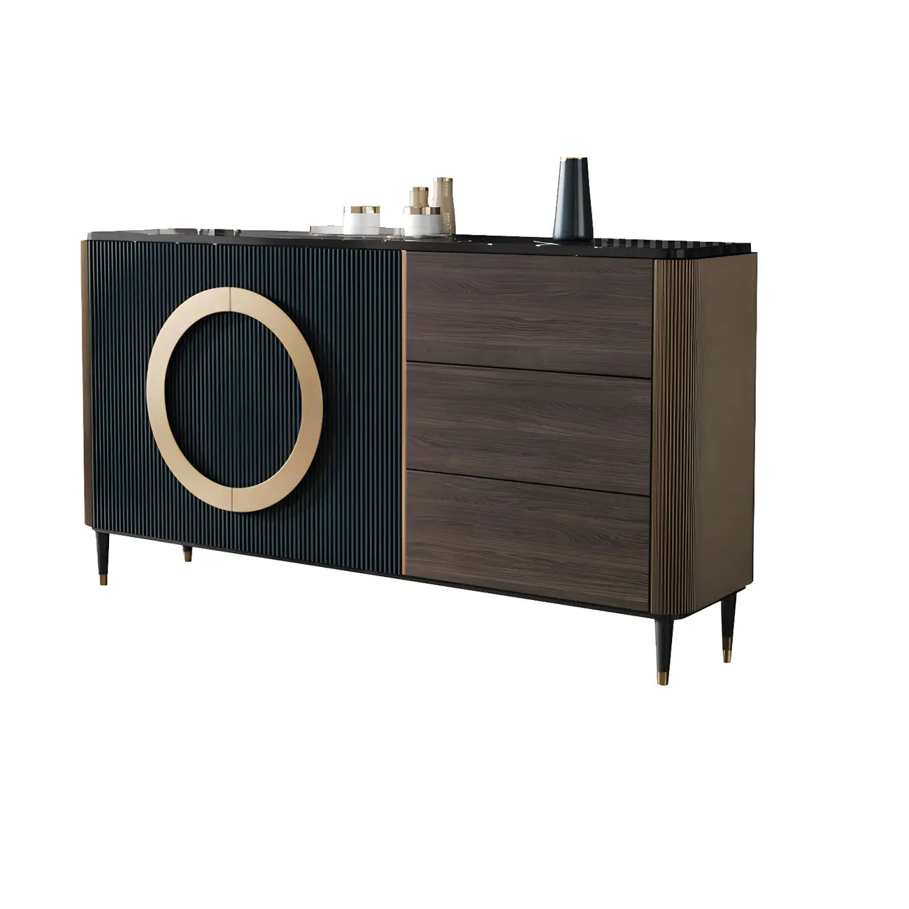 Glam Espresso Wood Buffet Table with Drawers & Cabinets