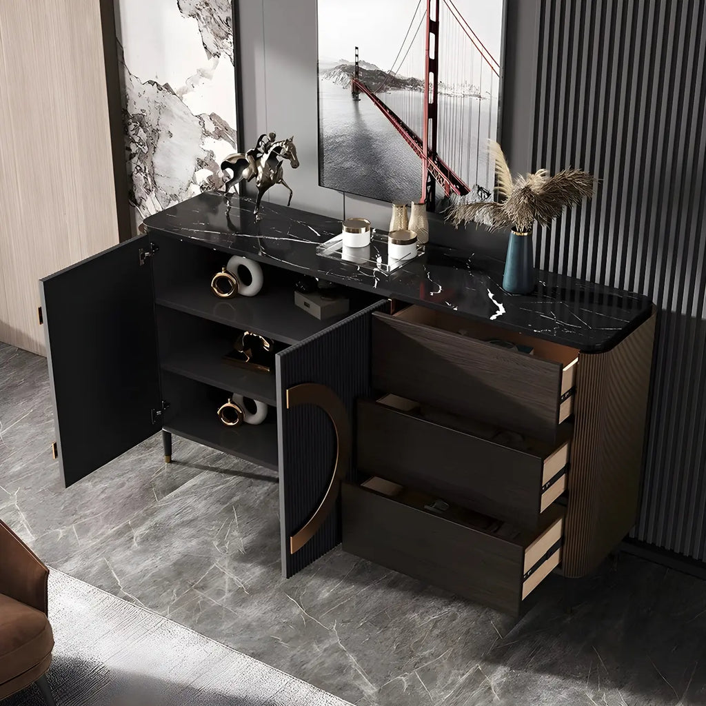 Glam Espresso Wood Buffet Table with Drawers & Cabinets
