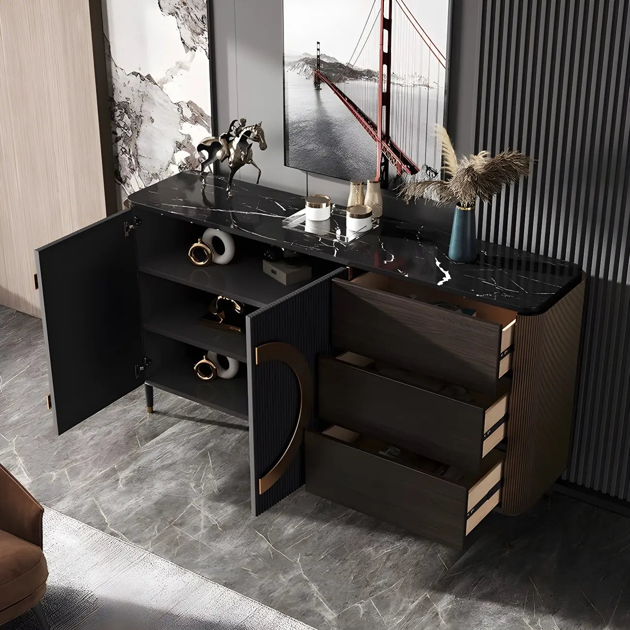 Glam Espresso Wood Buffet Table with Drawers & Cabinets
