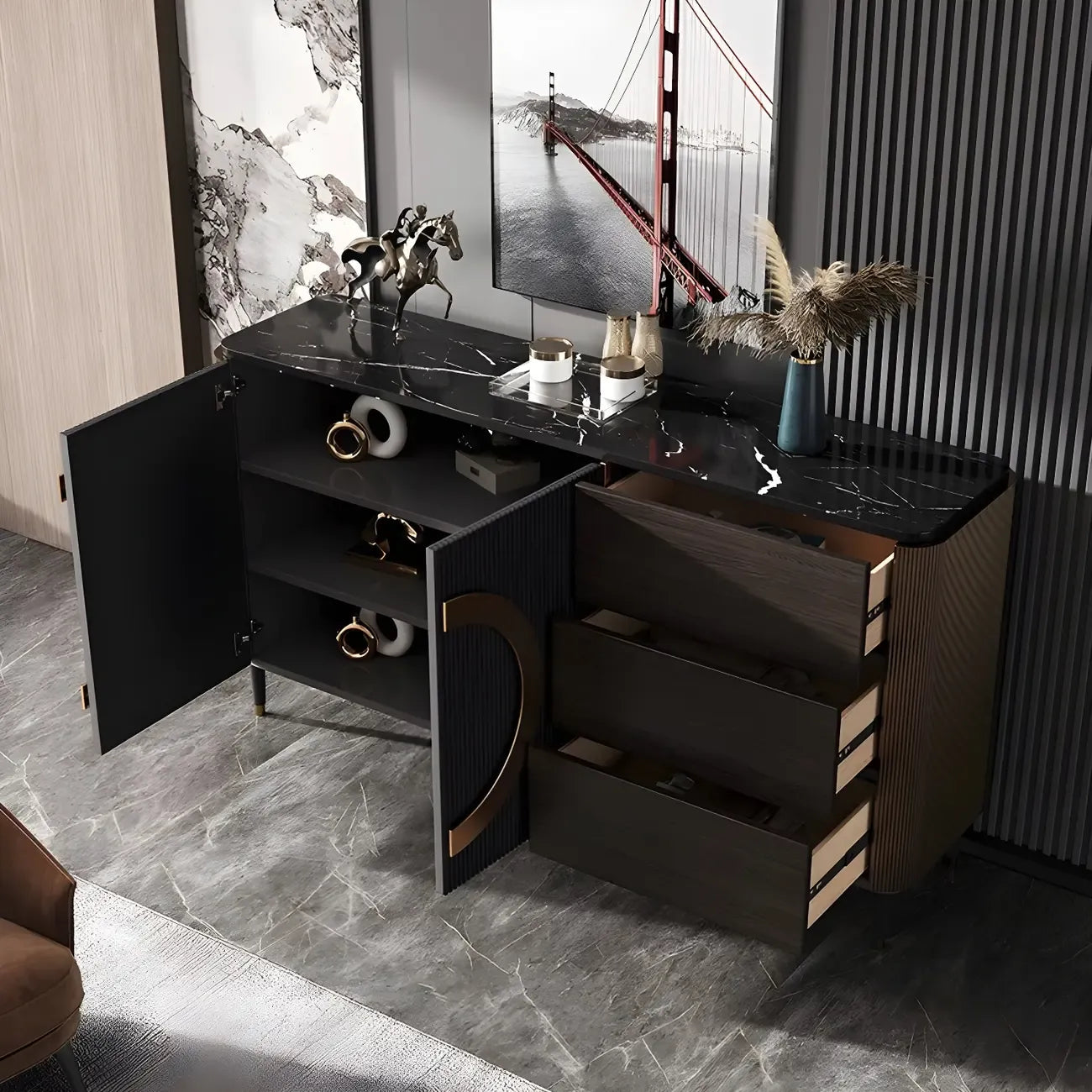 Glam Espresso Wood Buffet Table with Drawers & Cabinets